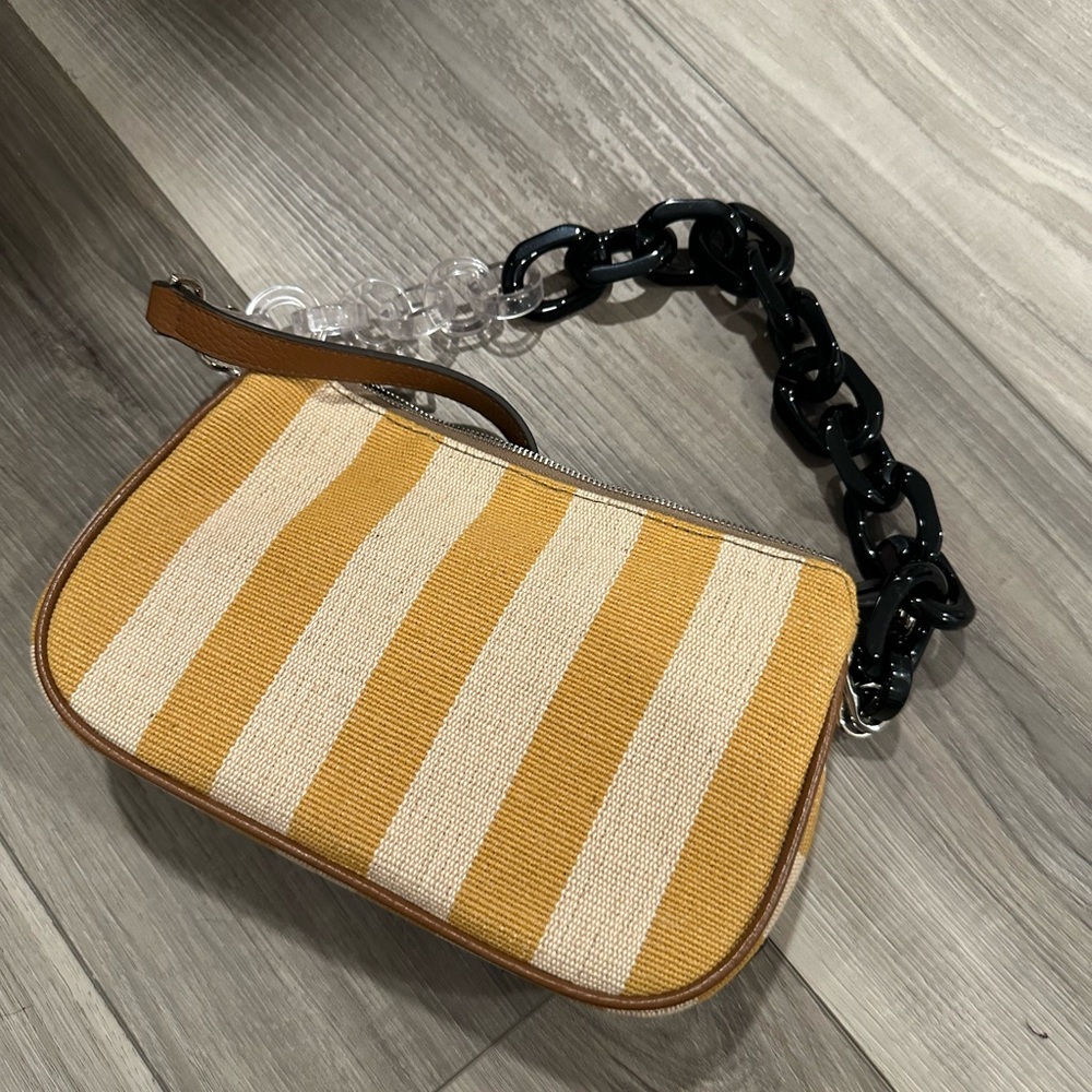 Furla Yellow and Cream Striped Shoulder Bag with Chunky Acrylic Chain